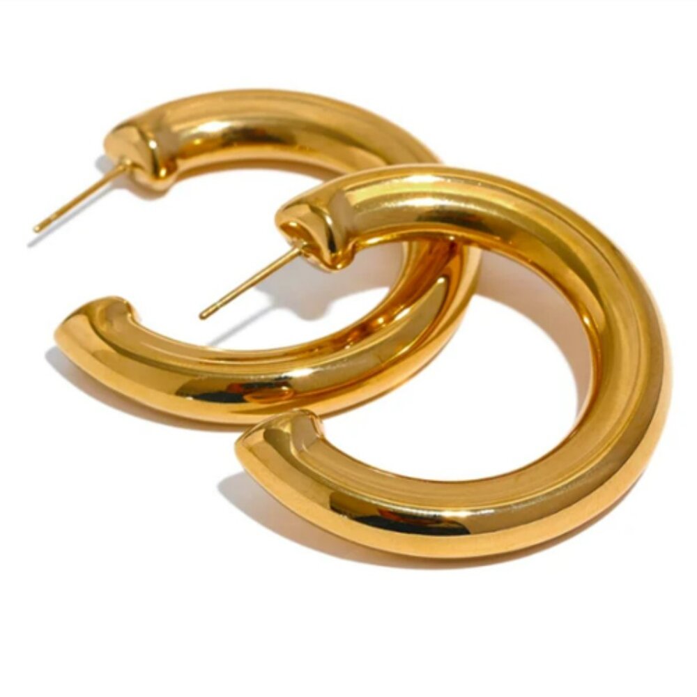 Stainless‎ Steel C Shape Round Circle Hollow Earrings Women 18k Real Gold…